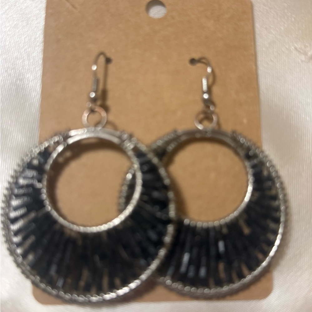 Black and Silver seed beed Hoop Earrings